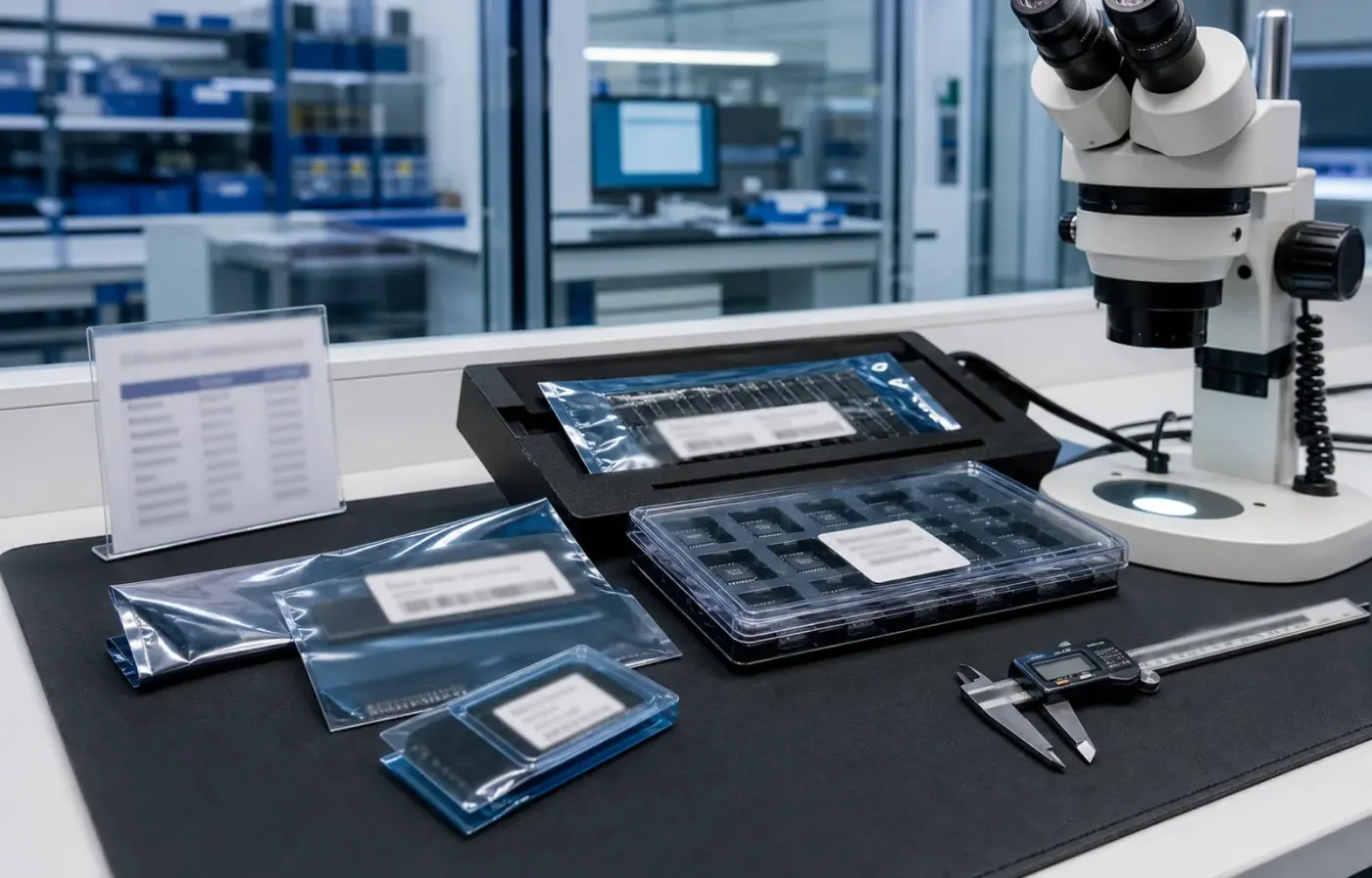 Electronic component model and package intelligence review on an ESD-safe inspection bench