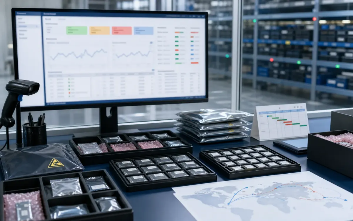 Electronic component sourcing availability dashboard with ESD-protected samples